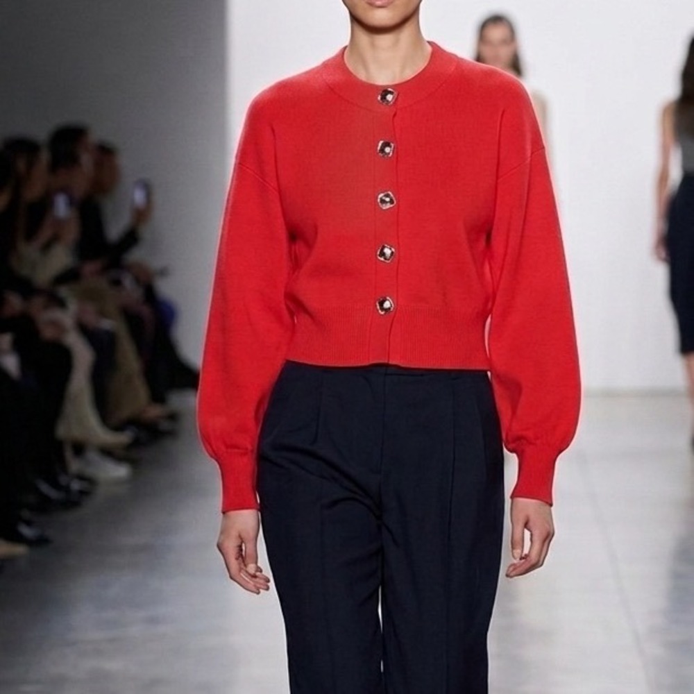 NWT Jason Wu Red Cropped Boxy Cardigan Lantern Sleeve Sculptural Button L